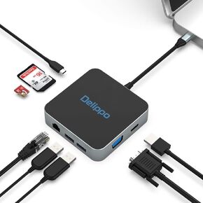 USB C Hub Docking Solution,Delippo 8 in 1 with Charger dongles Gigabit Ethernet Port, PD Type C Charging,4K HDMI,1080 VGA, SD TF Card Reader, 2 USB A Ports in Saudi Arabia