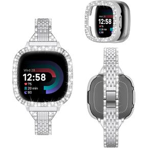 MOFREE Compatible for Fitbit Versa 4 Bands/Fitbit Sense 2 Bands Women with Hard Bling Bumper Protective Case Cover, Dressy Jewelry Diamond Rhinestone Metal Wristband for Fitbit Versa 4/Sense 2 Sliver in Kuwait