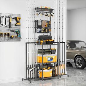 YQSLYSF Fishing Rod Holders for Garage with Pegboard & Metal Mesh Basket, Fishing Rod Storage Rack, Vertical Fishing Pole Holder for Up to 12 -24 Poles, Tackle Gear Organizer in Kuwait