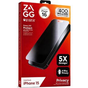 ZAGG Elite Privacy 360 Glass Screen Protector for iPhone 16 / iPhone 15-5X Ultra Strong Tempered Glass, 4-Way Privacy Filter, Scratch Protection, Anti-Smudge, Easy to Install, InvisibleShield in Kuwait