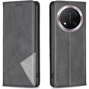 Flip Case for Honor Magic 7 Lite,Rhombus Pattern Premium Leather Wallet Kickstand Magnetic Closure Cover Black in Kuwait