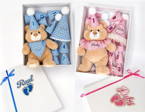 Personalized Baby Milestone Teddy Bear Gift Set - Custom Baby Name, 12 Monthly Hats + 1st Birthday Hat, Baby Shower Gift, First Year Photo Props, Keepsake Memory Box in Saudi Arabia