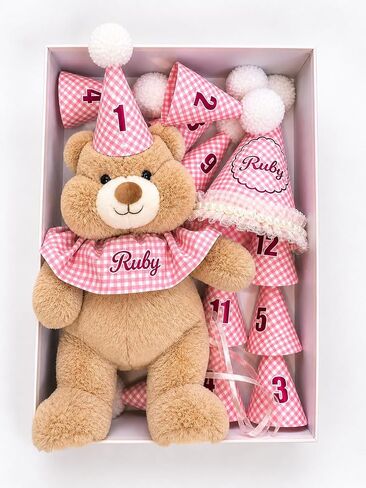 Personalized Baby Milestone Teddy Bear Gift Set - Custom Baby Name, 12 Monthly Hats + 1st Birthday Hat, Baby Shower Gift, First Year Photo Props, Keepsake Memory Box in Saudi Arabia