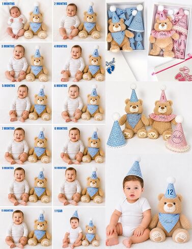Personalized Baby Milestone Teddy Bear Gift Set - Custom Baby Name, 12 Monthly Hats + 1st Birthday Hat, Baby Shower Gift, First Year Photo Props, Keepsake Memory Box in Saudi Arabia