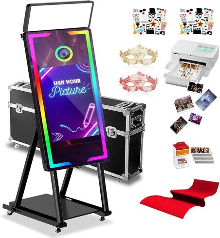 Mirror Photo Booth Touch Screen with Printer,45" Photo Mirror Booth with 22" Touch Screen Built-in PC,Flight Case,Instant Print and Share Professional Photography for Party(Black Booth+Printer) in Kuwait
