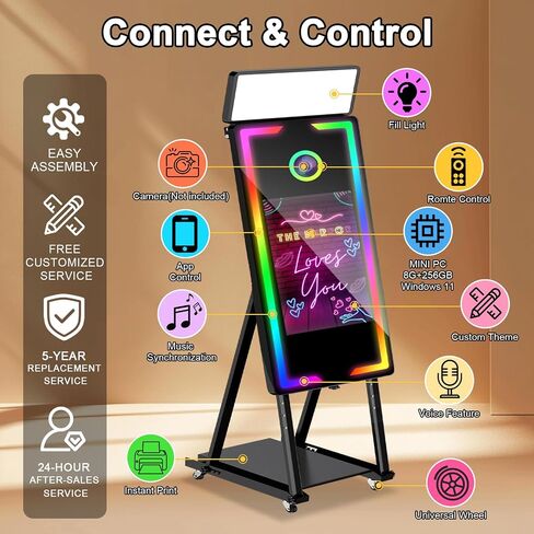 Mirror Photo Booth Touch Screen with Printer,45" Photo Mirror Booth with 22" Touch Screen Built-in PC,Flight Case,Instant Print and Share Professional Photography for Party(Black Booth+Printer) in Kuwait