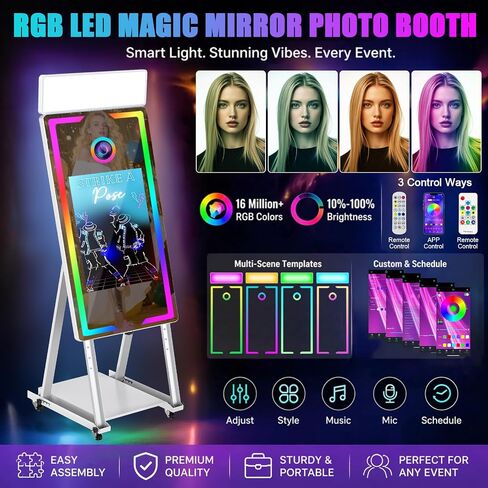 Mirror Photo Booth Touch Screen with Printer,45" Photo Mirror Booth with 22" Touch Screen Built-in PC,Flight Case,Instant Print and Share Professional Photography for Party(Black Booth+Printer) in Kuwait