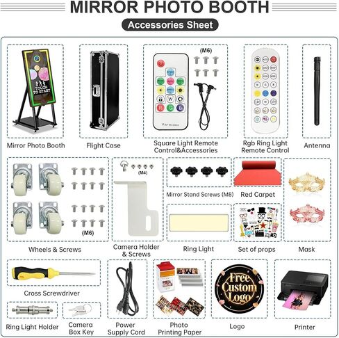 Mirror Photo Booth Touch Screen with Printer,45" Photo Mirror Booth with 22" Touch Screen Built-in PC,Flight Case,Instant Print and Share Professional Photography for Party(Black Booth+Printer) in Kuwait