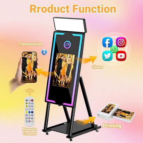 Mirror Photo Booth Touch Screen with Printer,45" Photo Mirror Booth with 22" Touch Screen Built-in PC,Flight Case,Instant Print and Share Professional Photography for Party(Black Booth+Printer) in Kuwait