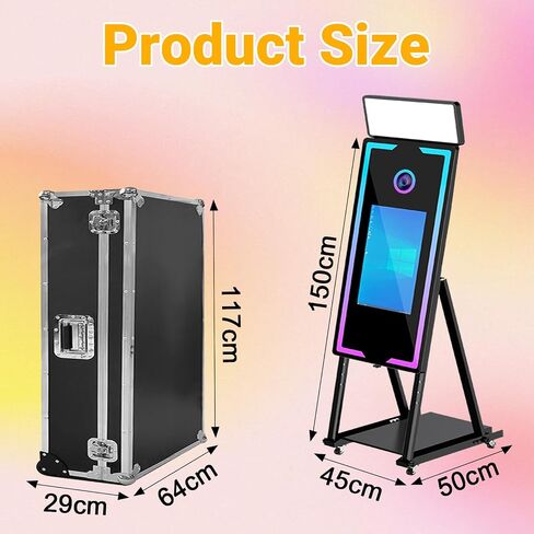 Mirror Photo Booth Touch Screen with Printer,45" Photo Mirror Booth with 22" Touch Screen Built-in PC,Flight Case,Instant Print and Share Professional Photography for Party(Black Booth+Printer) in Kuwait