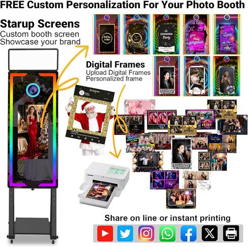 Mirror Photo Booth Touch Screen with Printer,45" Photo Mirror Booth with 22" Touch Screen Built-in PC,Flight Case,Instant Print and Share Professional Photography for Party(Black Booth+Printer) in Kuwait