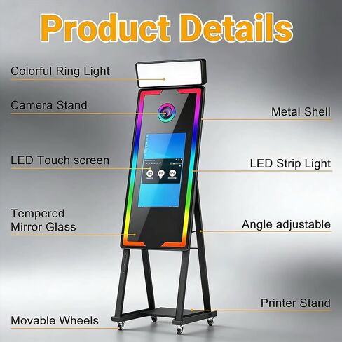 Mirror Photo Booth Touch Screen with Printer,45" Photo Mirror Booth with 22" Touch Screen Built-in PC,Flight Case,Instant Print and Share Professional Photography for Party(Black Booth+Printer) in Kuwait