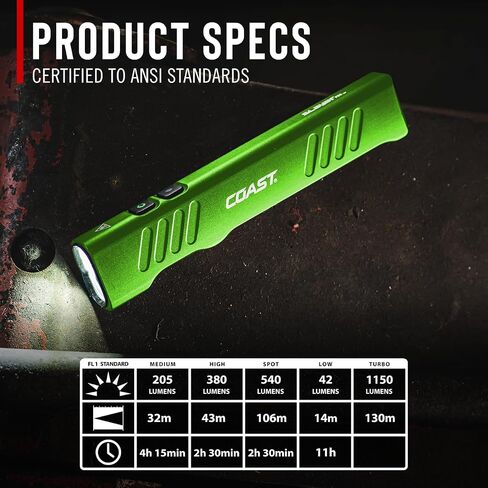 Coast Slayer 1150 Lumen USB-C Rechargeable LED Flashlight with Spot/Flood, Memory Mode and Pocket Clip, Green in Kuwait