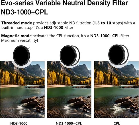 H&Y EVO 77mm 2-in-1 Variable ND3-1000 CPL Camera Lens Filter Multi-Coated | 77mm 2-in-1 Variable ND3-1000 CPL Filter, 1.5-10 Stops Neutral Density, HD Optical Glass Nano-Coated for Long Exposure Shots in Saudi Arabia