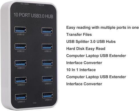 USB 3.0 Hub, 10 Ports Fast Data Transfer DC12V 24V Power Supply Powered USB Hub with Surge Protection for Laptop Desktop TV Gaming Console in Saudi Arabia