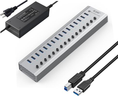 EJAY 16-Port USB 3.0 Data Hub وشاحن مع مفاتيح طاقة فردية مع محول طاقة لأجهزة Mac والكمبيوتر الشخصي (TGH-16U-Gray) in Kuwait
