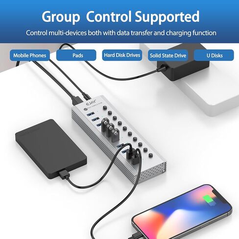 EJAY 16-Port USB 3.0 Data Hub وشاحن مع مفاتيح طاقة فردية مع محول طاقة لأجهزة Mac والكمبيوتر الشخصي (TGH-16U-Gray) in Kuwait