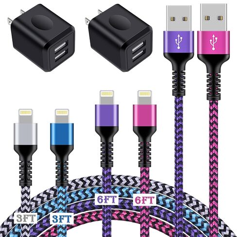 iPhone Charger[4+2Pack], USB Cable Fast Charging Braided Multi Color Long Cord with Dual Port USB Plug Wall Charger Adapter for iPhone 14 13 12 Pro Max/SE/11 Pro Max/XS/XR/X/8/7 Plus/6s/6, iPad Air in Saudi Arabia