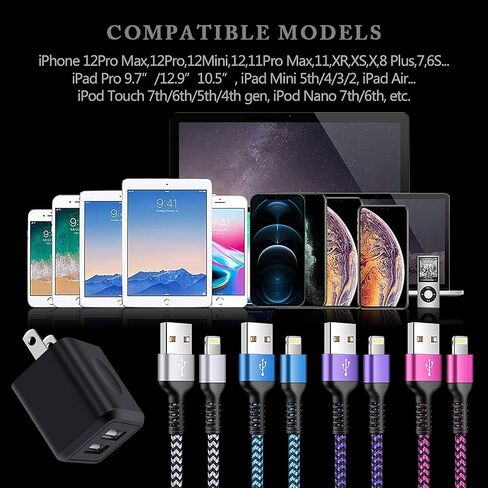 iPhone Charger[4+2Pack], USB Cable Fast Charging Braided Multi Color Long Cord with Dual Port USB Plug Wall Charger Adapter for iPhone 14 13 12 Pro Max/SE/11 Pro Max/XS/XR/X/8/7 Plus/6s/6, iPad Air in Saudi Arabia