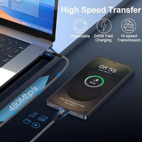 10FT USB C Cable Fast Charging, 240W USBC to USBC Cable Type C Charger Cord in Kuwait