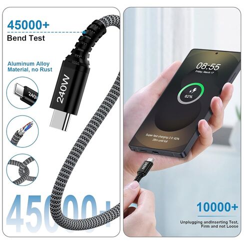 10FT USB C Cable Fast Charging, 240W USBC to USBC Cable Type C Charger Cord in Kuwait
