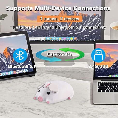 Wireless Bluetooth Mouse Cute Animal Pig Shape 2.4G & Bluetooth Dual Mode Computer Mice with USB Receiver Portable Compact 1200DPI Optical Cordless Mouse for Laptop iPad PC Chromebook Kids Gift(White) in Saudi Arabia