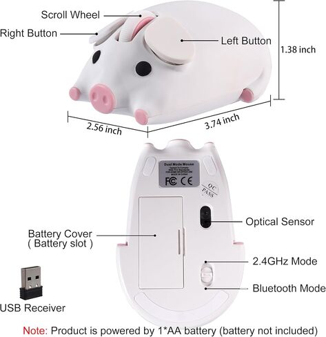 Wireless Bluetooth Mouse Cute Animal Pig Shape 2.4G & Bluetooth Dual Mode Computer Mice with USB Receiver Portable Compact 1200DPI Optical Cordless Mouse for Laptop iPad PC Chromebook Kids Gift(White) in Saudi Arabia