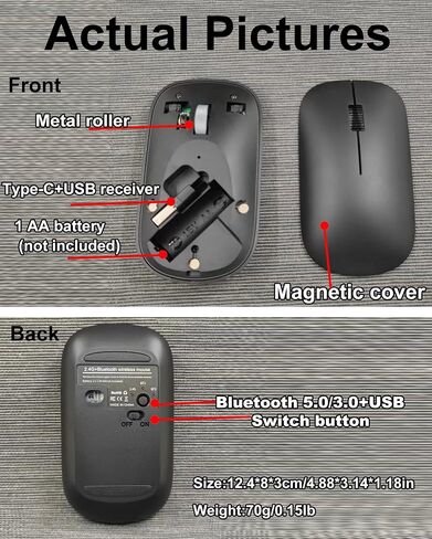 Wireless Bluetooth Mouse,Bluetooth 5.0/3.0 & USB 2.4G/Type-C 4-Mode,Ergonomic Silent Click Mice Compact Portable for MacBook Laptop/PC/Tablet/Mac/iPad/Notebook/Chromebook Multi-Device & Office Use in Kuwait