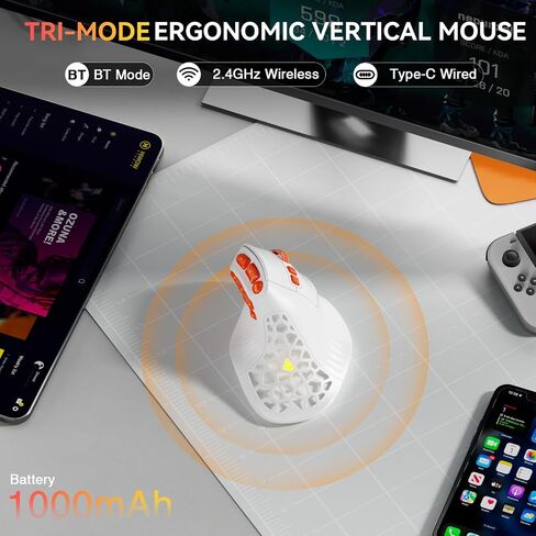 SOLAKAKA E9 PRO Vertical MMO Gaming Mouse - Ergonomic Wireless Mouse with 10 Side Buttons,PAW3395 36000 DPI Sensor,45°Grip,Tri-Mode 2.4G/BT/Wired, RGB,1000mAh Rechargeable Mouse for PC/Mac - White in Saudi Arabia
