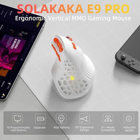 SOLAKAKA E9 PRO Vertical MMO Gaming Mouse - Ergonomic Wireless Mouse with 10 Side Buttons,PAW3395 36000 DPI Sensor,45°Grip,Tri-Mode 2.4G/BT/Wired, RGB,1000mAh Rechargeable Mouse for PC/Mac - White in Saudi Arabia