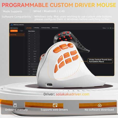 SOLAKAKA E9 PRO Vertical MMO Gaming Mouse - Ergonomic Wireless Mouse with 10 Side Buttons,PAW3395 36000 DPI Sensor,45°Grip,Tri-Mode 2.4G/BT/Wired, RGB,1000mAh Rechargeable Mouse for PC/Mac - White in Saudi Arabia