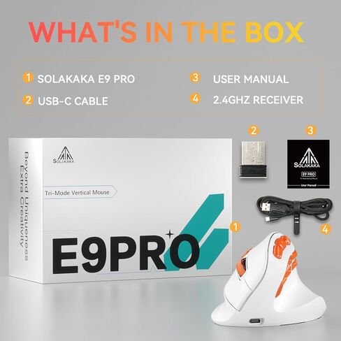 SOLAKAKA E9 PRO Vertical MMO Gaming Mouse - Ergonomic Wireless Mouse with 10 Side Buttons,PAW3395 36000 DPI Sensor,45°Grip,Tri-Mode 2.4G/BT/Wired, RGB,1000mAh Rechargeable Mouse for PC/Mac - White in Saudi Arabia