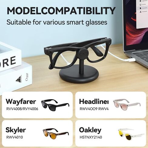 ELUTENG for Meta Ray-Ban Glasses Charging Stand AR Smart Glasses Charging Holder-Wayfarer, Skyler, Headliner and Oakley Meta HSTN Charger with LED Indicator with 1m Type-C Cable,Black in Kuwait