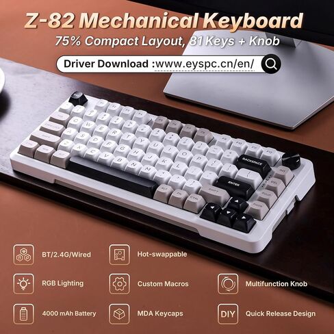 E-YOOSO Z-82 75% Tri-Mode Wireless Mech Keyboard, Hot-Swap Gasket RGB Knob in Kuwait