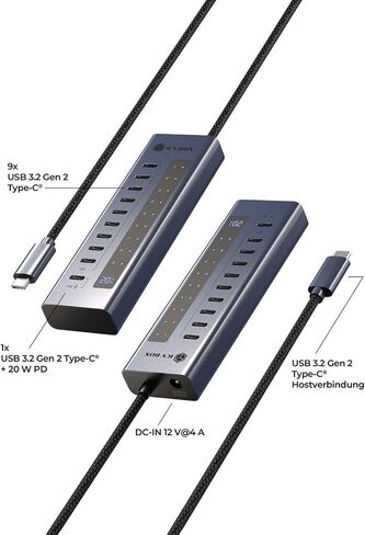 ICY Box 10-Port USB-C Hub, 9x USB 3.2 Gen 2 (10 Gbps), 1x USB-C Power Delivery 20 W, Aluminium Housing, 60 cm Cable, Includes Power Adapter, IB-HUB1450-C31 in Saudi Arabia