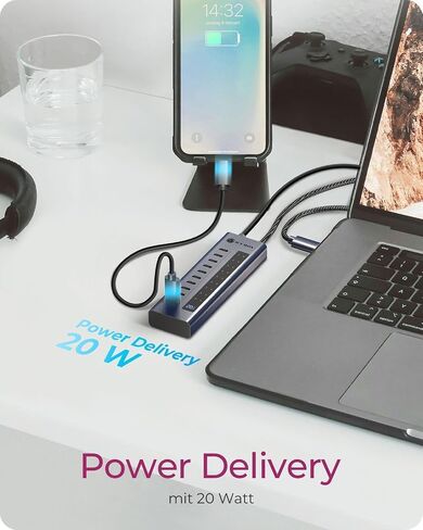 ICY Box 10-Port USB-C Hub, 9x USB 3.2 Gen 2 (10 Gbps), 1x USB-C Power Delivery 20 W, Aluminium Housing, 60 cm Cable, Includes Power Adapter, IB-HUB1450-C31 in Saudi Arabia