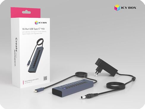 ICY Box 10-Port USB-C Hub, 9x USB 3.2 Gen 2 (10 Gbps), 1x USB-C Power Delivery 20 W, Aluminium Housing, 60 cm Cable, Includes Power Adapter, IB-HUB1450-C31 in Saudi Arabia