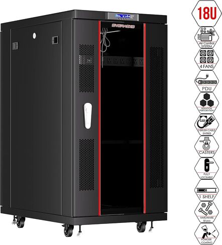 18U39in Depth Floor Standing Server Rack Cabinet(24" w x39 d x36 h)(600x1000x900mm.) Glass Door (Temperature Control Panel, 4 Fans,1 Shelf, 1PDU)-Free!!! in Saudi Arabia