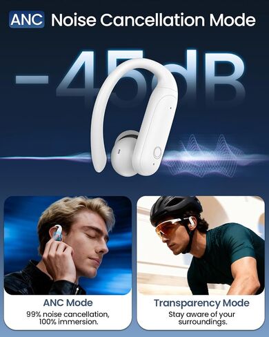 ANC Wireless Earbuds with Soft Earhooks 40H Deep Bass for Sports, Purewhite in Saudi Arabia
