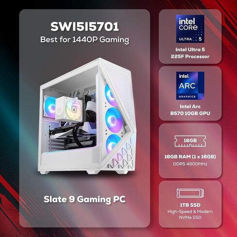 iBUYPOWER Slate Gaming PC Desktop Computer Intel Core Ultra 5 225F CPU, Intel Arc B570 10GB GPU, 16GB DDR5 4800MHz RAM, 1TB NVMe SSD, Windows 11 Home, Gamer Keyboard and Mouse - SWI5I5701 in Saudi Arabia