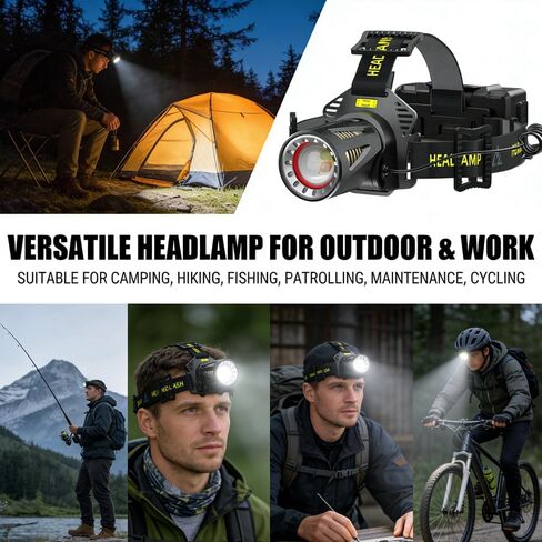 Headlamp Rechargeable, 99000 Lumens Super Bright LED Head Lamp for Adults, 6 Modes Zoomable, IPX5 Waterproof Head Flashlight for Camping Hunting Fishing Hiking, 6600mAh Battery in Saudi Arabia