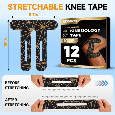 TEAWOO PreCut Kinesiology Tape for Knees, 12P Extra Adhesive Athletic Tape in Saudi Arabia