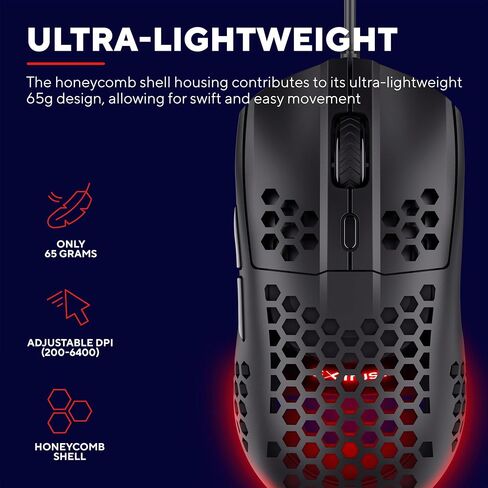 Trust Gaming GXT 928 Helox Gaming Mouse, Superlight USB Wired Mouse 65g, Adjustable DPI (200-6400), Optical Sensor, 6 Programmable Buttons, RGB LED Lighting, Gaming PC Gaming Laptop MacBook - Black in Saudi Arabia