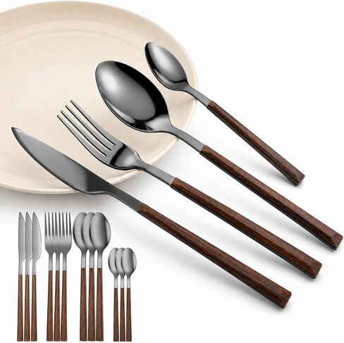 16 Pcs Black Silverware Set for 4 Stainless Steel Faux Wood Handle in Saudi Arabia