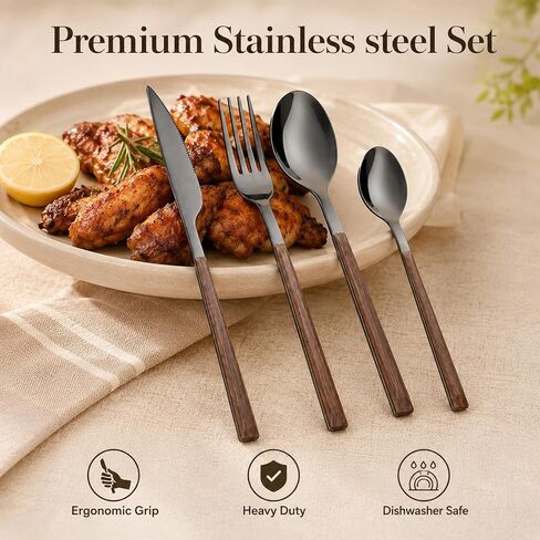 16 Pcs Black Silverware Set for 4 Stainless Steel Faux Wood Handle in Saudi Arabia