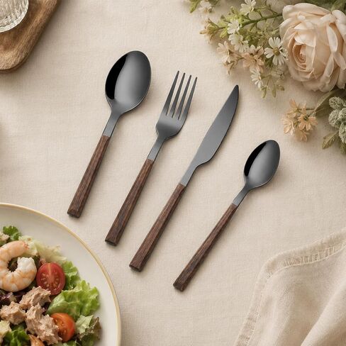 16 Pcs Black Silverware Set for 4 Stainless Steel Faux Wood Handle in Saudi Arabia
