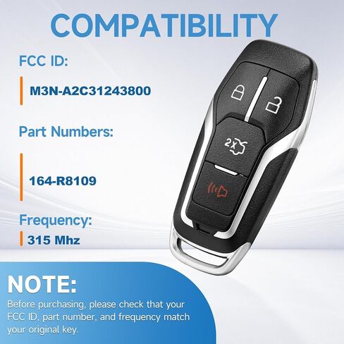 Smart Key Fob Replacement Remote fits for Ford Fusion 2015-2016 Edge Explorer 2016-2017 Mustang 2015-2017 Car Keyless Entry Remote M3N-A2C31243800 164-R8109 315Mhz 49 in Saudi Arabia