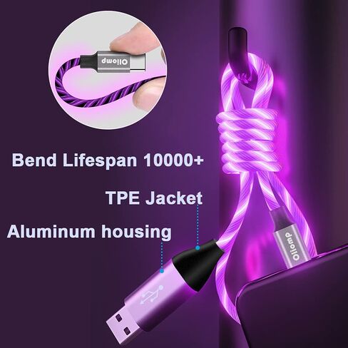 كابل USB C، شاحن مضيء من النوع C بطول 6 أقدام، سلك USB من النوع C للشحن السريع متوافق مع iPhone 15، Samsung Galaxy S10 S9 S8 Plus، Note 10 9 8، LG V50 V40 G8 G7 (أرجواني) in Kuwait