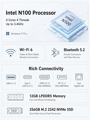 جهاز كمبيوتر صغير N100 (Turbo 3.4 جيجا هرتز)، ذاكرة وصول عشوائي LPDDR5 بسعة 12 جيجا بايت، سعة 256 جيجا بايت M.2 SSD، كمبيوتر مكتبي صغير، 4K HDMI DP/3 x USB3.2 Wi-Fi 6/BT 5.2، HTPC/Business Office Micro Pc in Kuwait