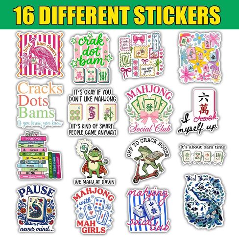 (16pcs-3in) Mahjong Stickers Funny Game Night Mahjong Trinkets for Winning Board Game Party Supplies Favor Decoration Cute Mahjong Gifts and Accessories for Laptop Water Bottle Car Card Title in Saudi Arabia